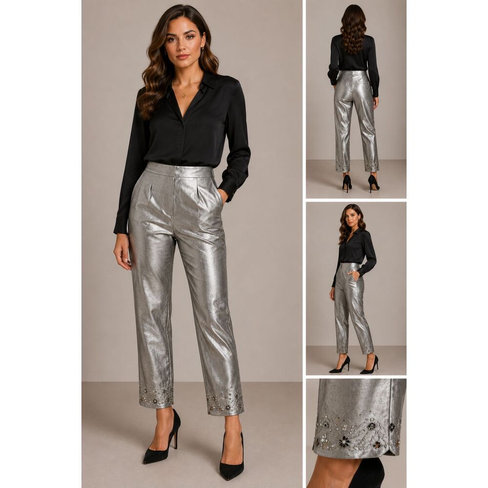Y2K Silkland Silver Shimmer Pants Women 14 Dressy Embellished Hem Side Zip Party